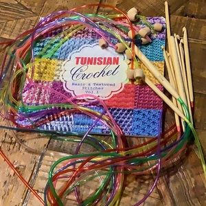 Tunisian crochet hooks and book